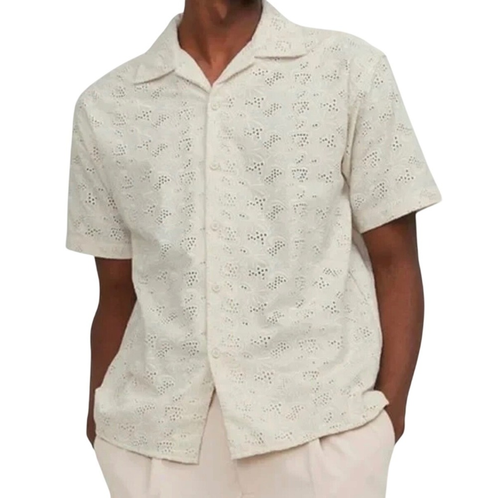 Folk Linen Blend Shirt Beige Mens Small Revere Collar Eyelet Embroidered New